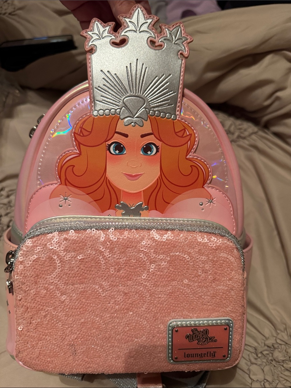 Loungefly Pink Sequin Glenda, Wizard of Oz, Sequin Mini Backpack Crown